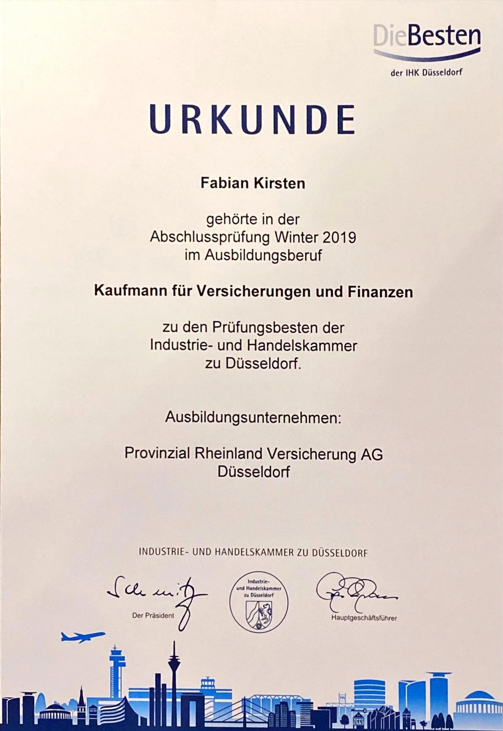 Urkunde „Die Besten der IHK Düsseldorf“ für Fabian Kirsten, Kaufmann für Versicherungen und Finanzen